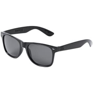 Black sunglasses with dark lenses, featuring a logo on the side, ideal for leisure and outdoor activities.