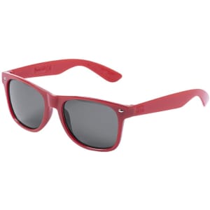 Red sunglasses with grey lenses, featuring a branding logo on the arm. Suitable for leisure and outdoor activities.