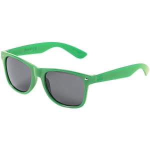 Green sunglasses with black lenses, featuring a logo on the side arm. Ideal for leisure and outdoor activities.