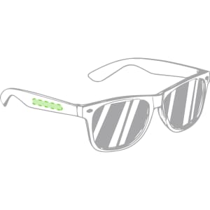 Sunglasses with a clear frame and green accents, featuring reflective lenses and a logo on the side.