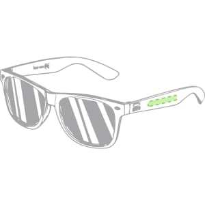 A pair of sunglasses with a modern design, featuring green accents and reflective lenses.