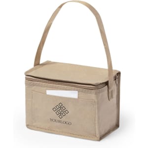 A tan cooler bag with a single handle and a front pocket, featuring a logo on the side.