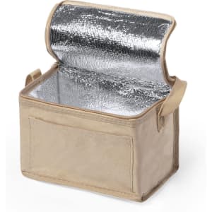 A beige cooler bag with a shiny silver interior and two handles, featuring an exterior pocket.