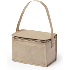 A light brown cooler bag with a zippered top and a carrying handle, featuring a front pocket.