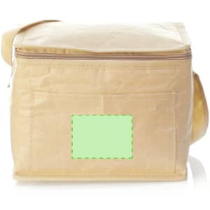 A tan cooler bag with a zip closure, featuring a front pocket and an adjustable shoulder strap. It has a logo.