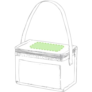 A cooler bag in white with a green top, featuring a shoulder strap and a front pocket.