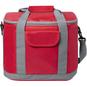 A red cooler bag with grey straps and a front pocket, featuring a shoulder strap and a sturdy design.