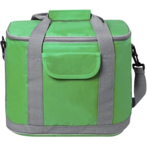 A green cooler bag with grey straps and a side pocket, featuring a sturdy handle and adjustable shoulder strap.