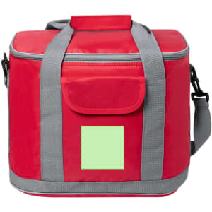 A red cooler bag with grey straps and a patch for branding, featuring a zippered top and a shoulder strap.
