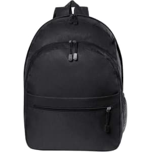A black backpack with multiple compartments, featuring a mesh side pocket and a branding logo.