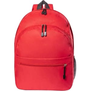 A red backpack featuring two zippered compartments and a side mesh pocket, with adjustable shoulder straps.