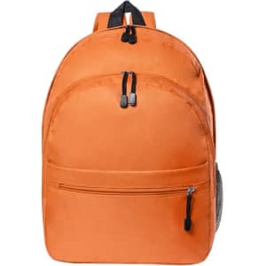 An orange backpack with a front pocket, zipper closures, and a side mesh pocket. It features a logo.
