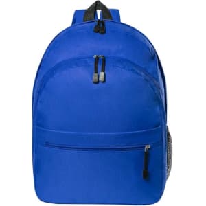 A blue backpack with a front zip pocket and mesh side pocket, featuring two adjustable straps and a branding logo.