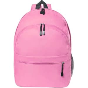 A pink backpack with a front zip pocket and a mesh side pocket, featuring zippers and adjustable straps.