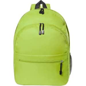 A bright green backpack featuring a front pocket and side mesh holder, complete with zippers and a branding logo.