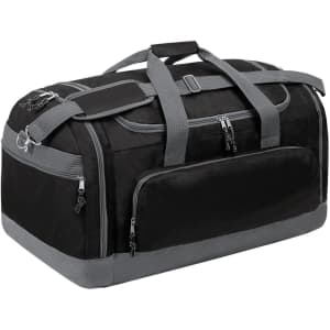 A black and grey duffle bag featuring multiple zippers, handles, and a logo on the side.