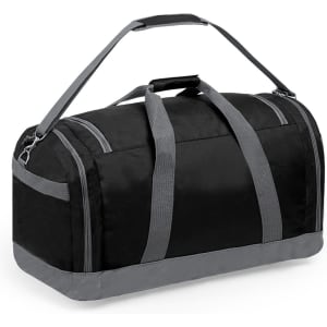 A black duffle bag with grey accents and multiple carrying handles, featuring a logo.