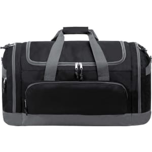 A black duffle bag with grey accents, featuring multiple zippered pockets and sturdy dual handles.