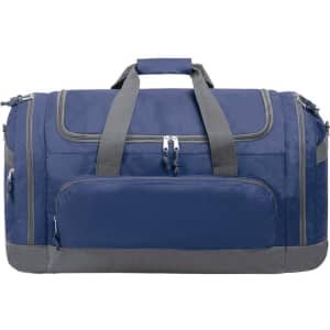 A large navy blue duffle bag with grey accents, featuring multiple zippered compartments and sturdy handles.