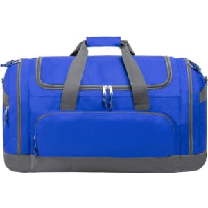 A blue duffle bag with grey accents, featuring multiple zippers and handles for easy transport.