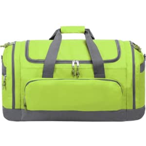 A bright green duffle bag with grey accents, featuring multiple zippered compartments and a sturdy handle.