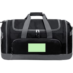 A black and grey duffle bag with zippers, a front pocket, and a logo on the side.