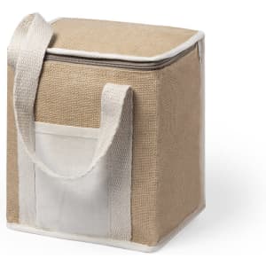 A square cooler bag in natural jute with white accents and a handle, featuring a side pocket.