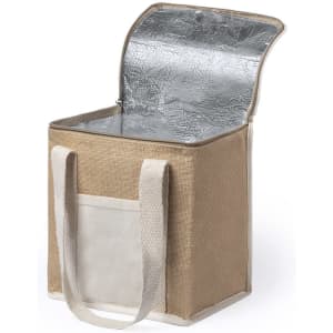 A cooler bag with a beige exterior, silver interior, and sturdy handles for easy carrying. Features a logo on the front.