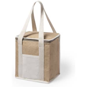 A square, tan cooler bag with white straps and a front pocket, featuring a logo.