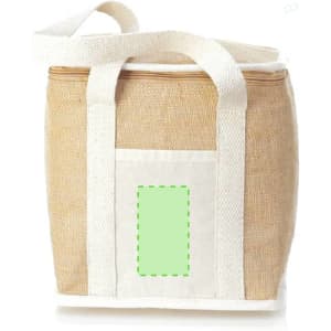 A beige cooler bag with white straps and a blank patch for branding. It has a zip closure and a simple design.