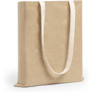 A beige paper bag with white handles and a smooth surface, featuring a branding logo.