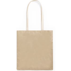 A beige paper bag with two handles, featuring a simple design and a logo.