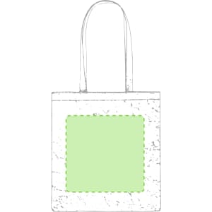 A paper bag with a white background, featuring green handles and a rectangular green space for branding or design.