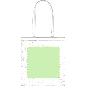 A paper tote bag with long handles, featuring a plain green square area for design. The bag has a textured white background.
