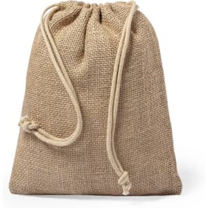 A drawstring bag made of natural burlap material with a beige colour and a simple tied closure.