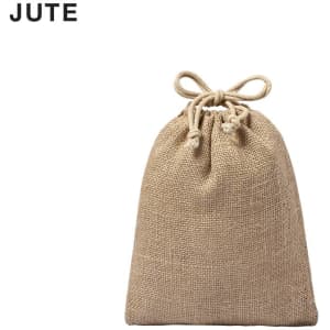 A jute drawstring bag in a natural brown colour with a tied closure at the top. Features a logo.