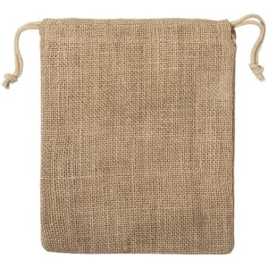 A drawstring bag in natural jute material with a simple design and a rustic appearance.