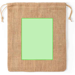 A drawstring bag made of natural burlap, featuring a light green rectangular area on the front.