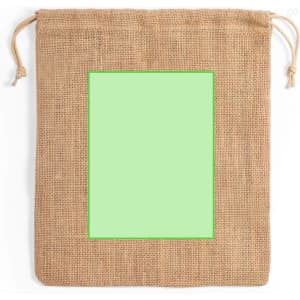A drawstring bag made of natural jute with a plain green rectangular area and two drawstrings.