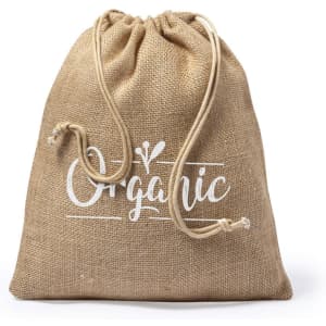 A hessian drawstring bag in natural brown with a white logo and the word "Organic" printed on it.