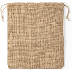 A natural jute drawstring bag featuring a textured surface, ideal for storage. It has a simple design with a drawstring closure.