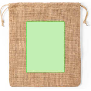 A jute bag in a natural tan colour with a green square design and a drawstring closure. Includes branding.