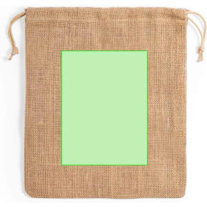 A jute drawstring bag in a natural brown colour, featuring a light green blank area and a logo.