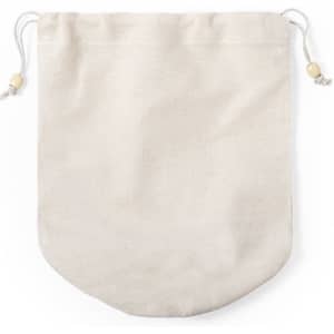 A cream-coloured toiletry bag with a drawstring closure, featuring wooden beads on the cord.