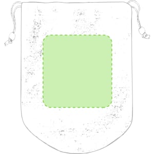 A drawstring toiletry bag in white featuring a large square design area in green. It includes a branded logo.