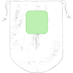 A drawstring toiletry bag in a plain white design with a green empty square for customisation.