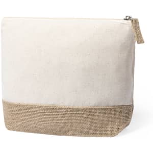 A natural-coloured toiletry bag with a textured jute base and a zip closure, featuring a simple, minimalist design.