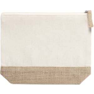 A toiletry bag in cream and natural jute with a zip closure and a textured bottom. Features a logo.