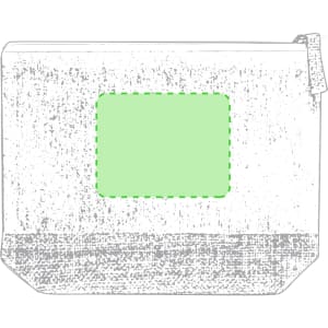 A toiletry bag in a textured finish, featuring a green rectangular area and a zipper closure. It has a branding logo.