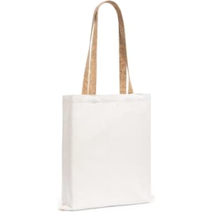 A white tote bag with long cork straps and a simple design. Features a branding logo.
